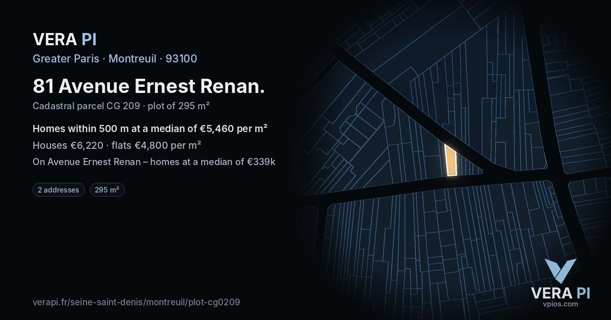 81 Avenue Ernest Renan, Montreuil at night – the plot lit, the parcels around coloured by the prices near them