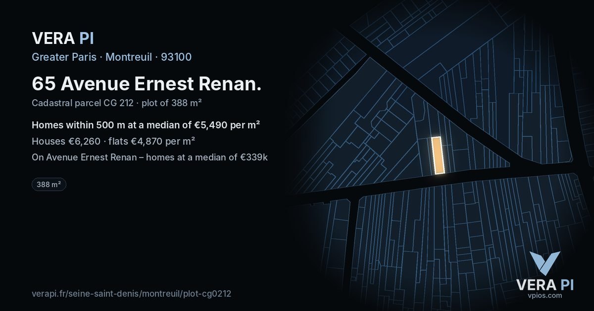 65 Avenue Ernest Renan, Montreuil at night – the plot lit, the parcels around coloured by the prices near them