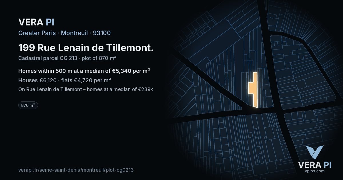 199 Rue Lenain de Tillemont, Montreuil at night – the plot lit, the parcels around coloured by the prices near them