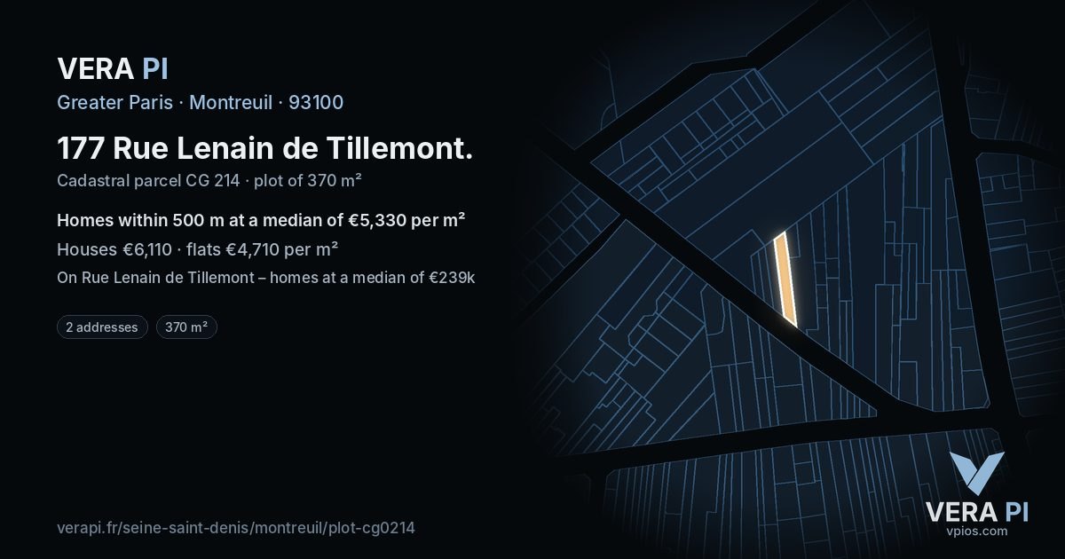 177 Rue Lenain de Tillemont, Montreuil at night – the plot lit, the parcels around coloured by the prices near them