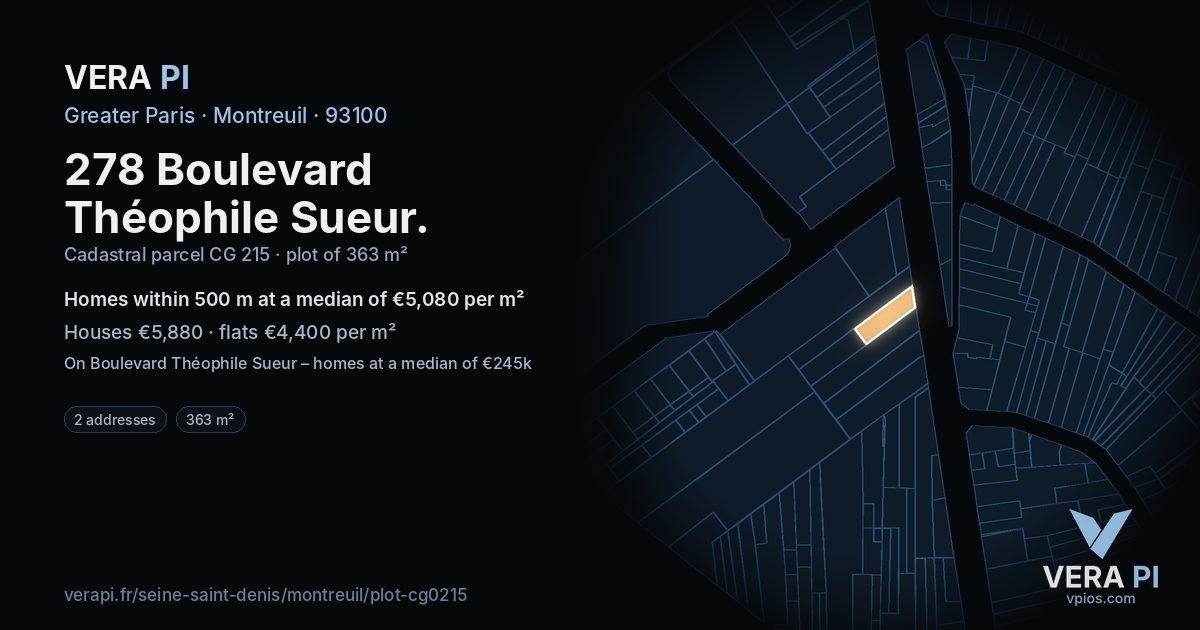 278 Boulevard Théophile Sueur, Montreuil at night – the plot lit, the parcels around coloured by the prices near them