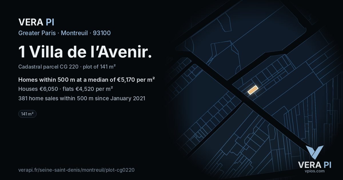 1 Villa de l’Avenir, Montreuil at night – the plot lit, the parcels around coloured by the prices near them