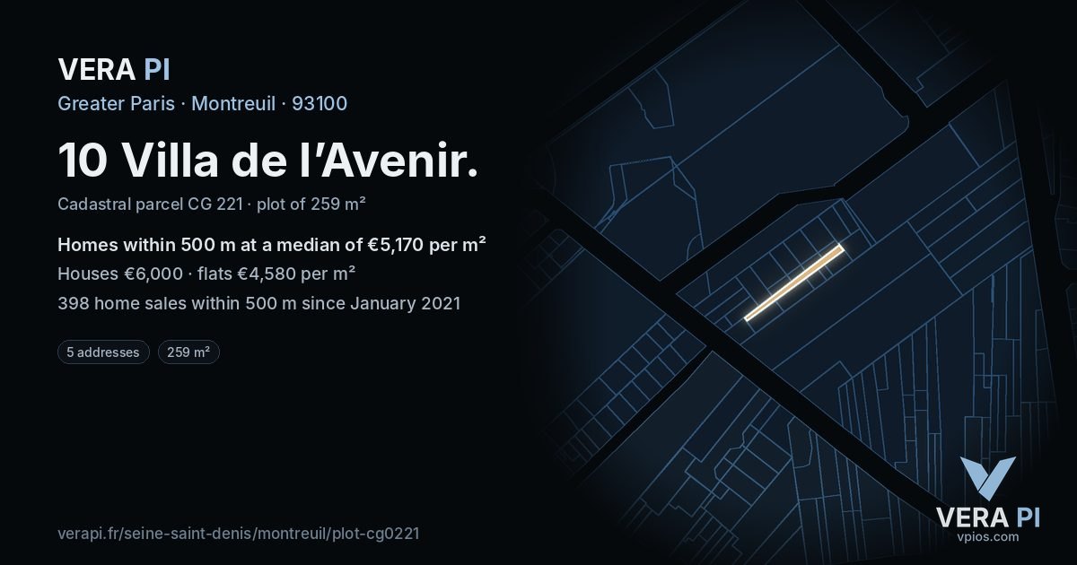 10 Villa de l’Avenir, Montreuil at night – the plot lit, the parcels around coloured by the prices near them