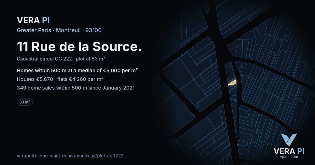 11 Rue de la Source, Montreuil at night – the plot lit, the parcels around coloured by the prices near them