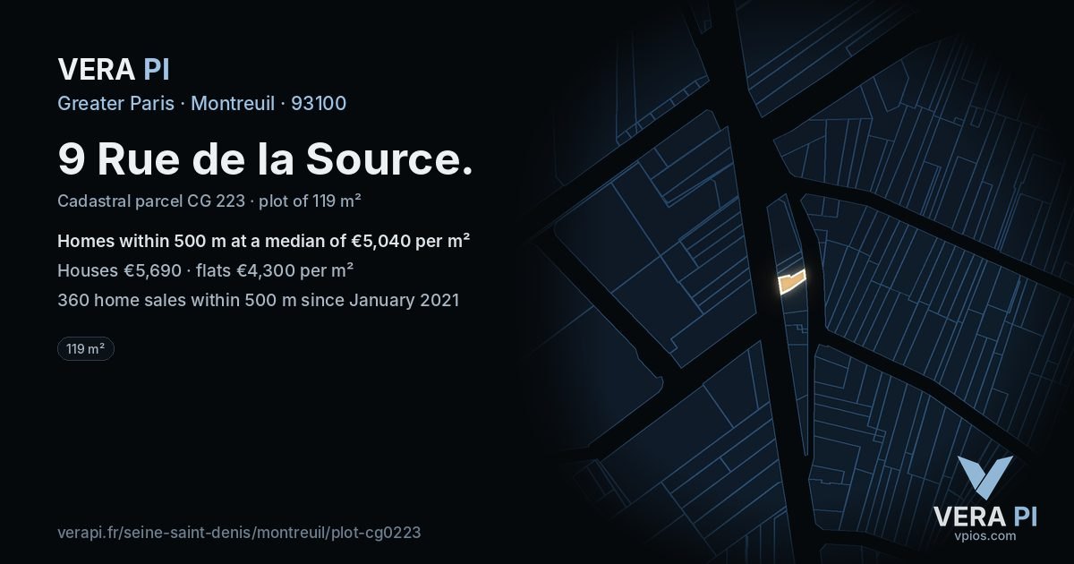 9 Rue de la Source, Montreuil at night – the plot lit, the parcels around coloured by the prices near them