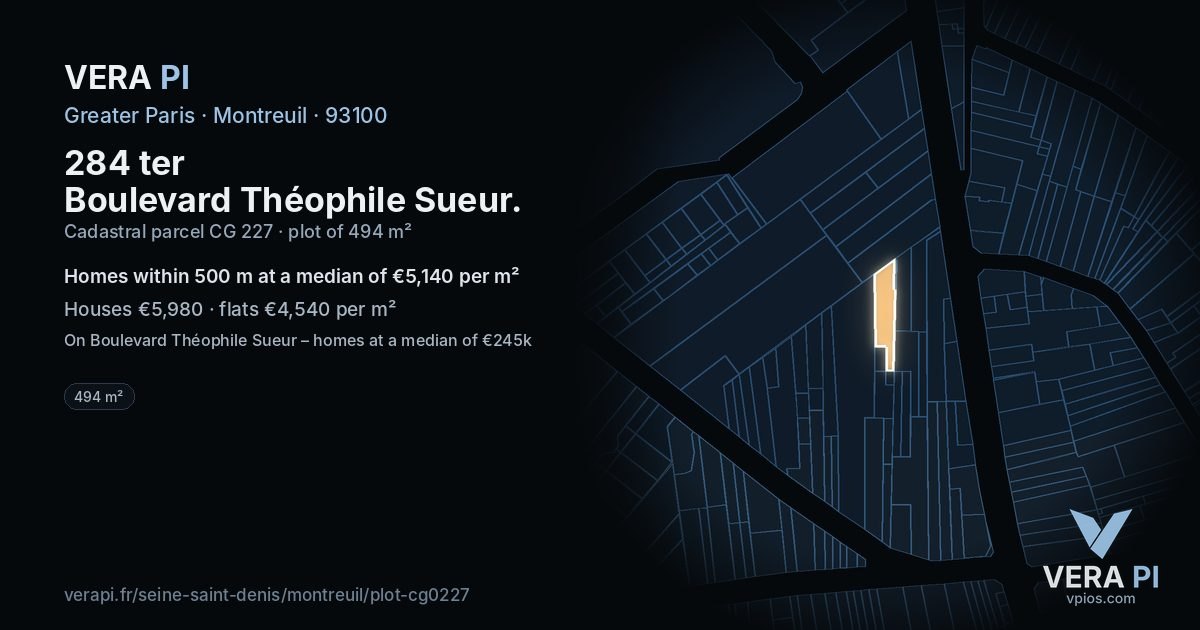 284 ter Boulevard Théophile Sueur, Montreuil at night – the plot lit, the parcels around coloured by the prices near them