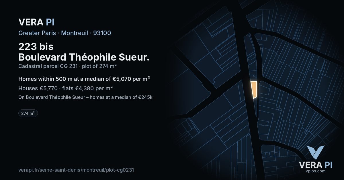 223 bis Boulevard Théophile Sueur, Montreuil at night – the plot lit, the parcels around coloured by the prices near them