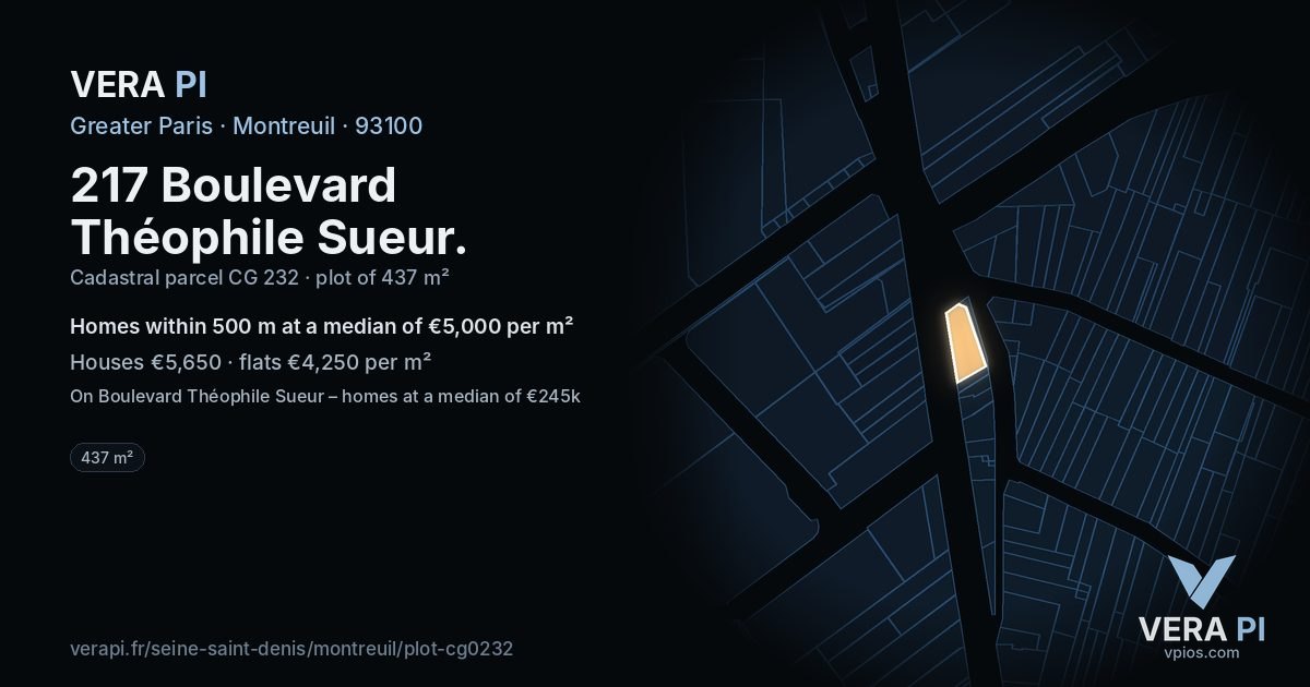 217 Boulevard Théophile Sueur, Montreuil at night – the plot lit, the parcels around coloured by the prices near them