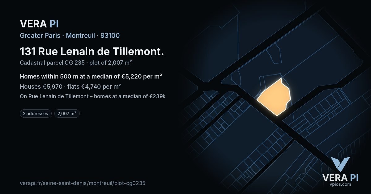 131 Rue Lenain de Tillemont, Montreuil at night – the plot lit, the parcels around coloured by the prices near them