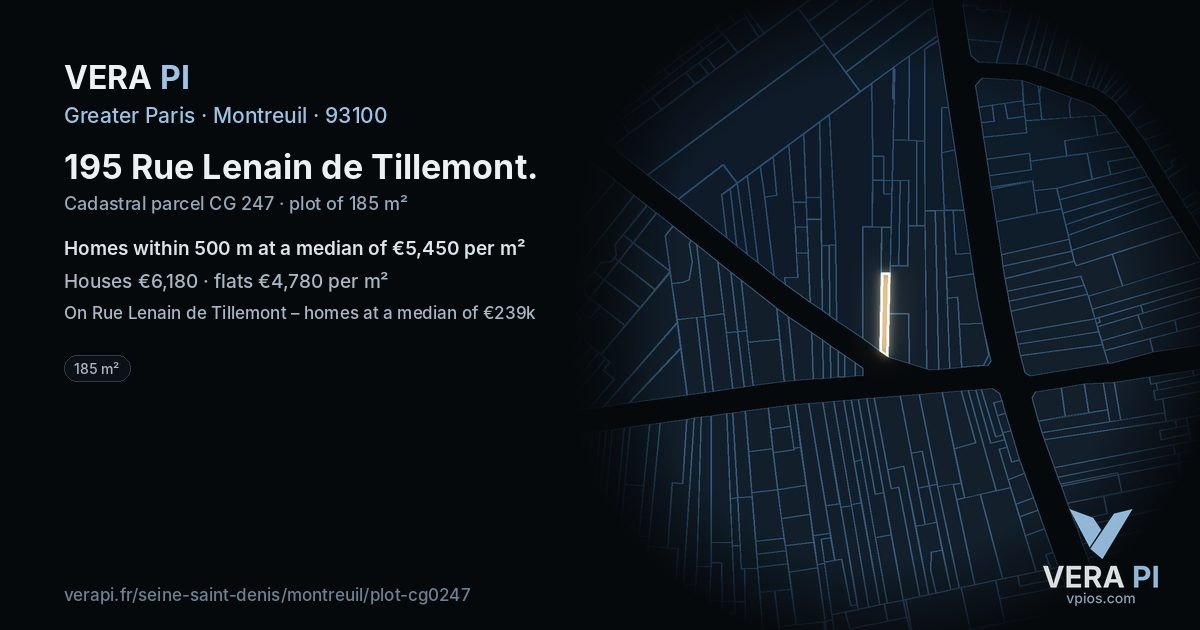195 Rue Lenain de Tillemont, Montreuil at night – the plot lit, the parcels around coloured by the prices near them