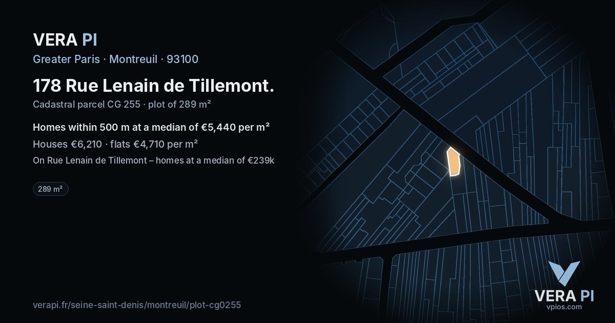 178 Rue Lenain de Tillemont, Montreuil at night – the plot lit, the parcels around coloured by the prices near them