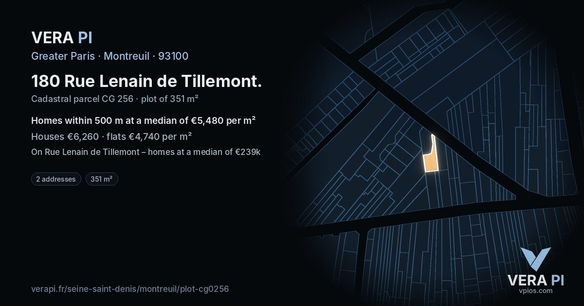 180 Rue Lenain de Tillemont, Montreuil at night – the plot lit, the parcels around coloured by the prices near them