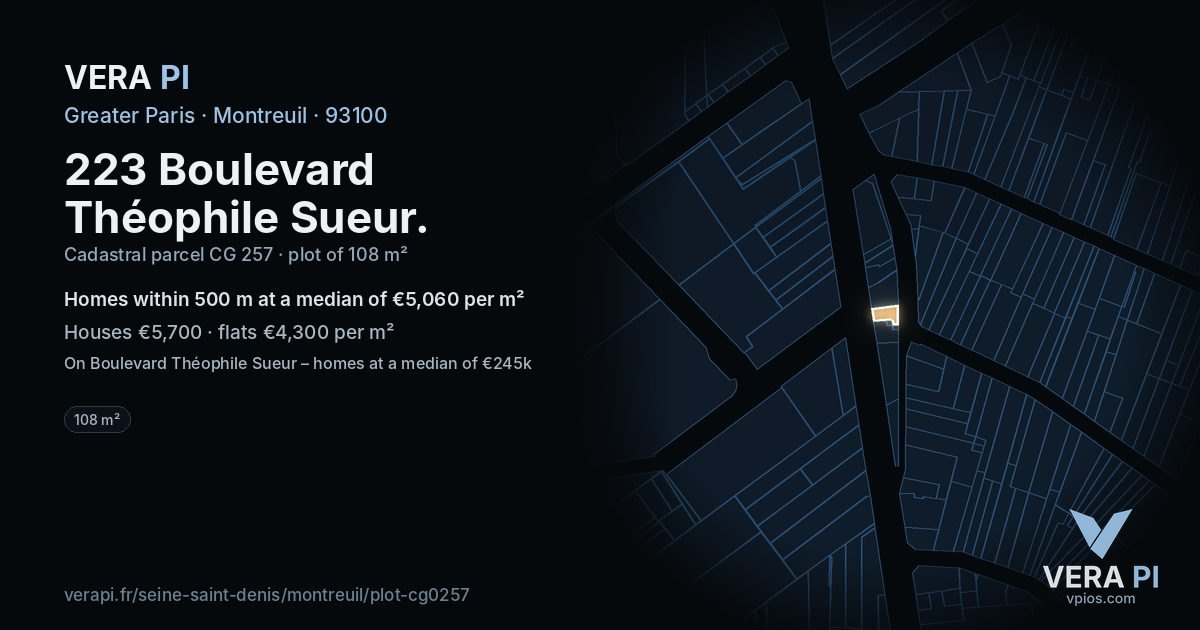 223 Boulevard Théophile Sueur, Montreuil at night – the plot lit, the parcels around coloured by the prices near them