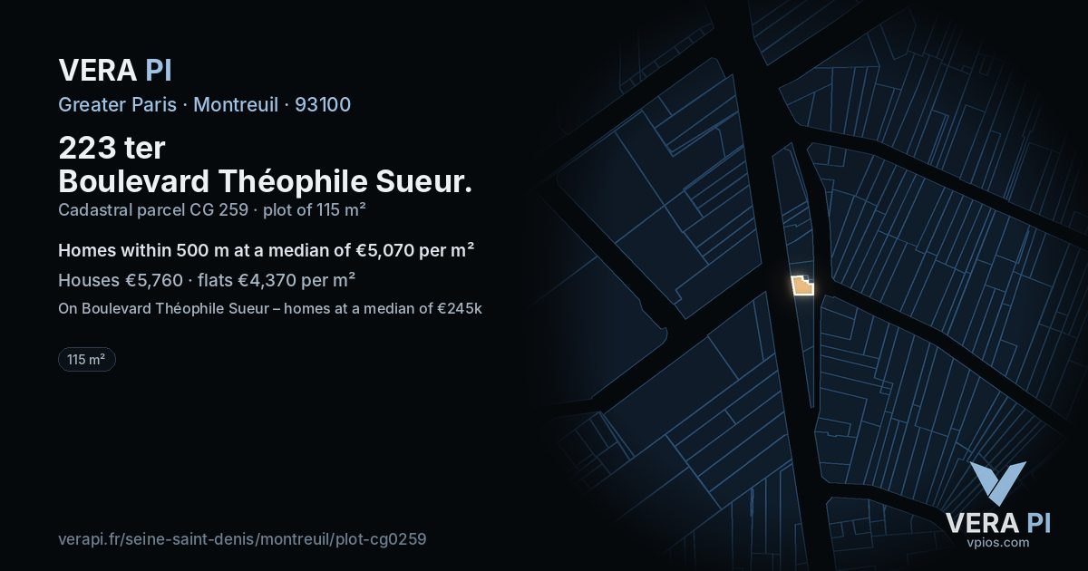 223 ter Boulevard Théophile Sueur, Montreuil at night – the plot lit, the parcels around coloured by the prices near them