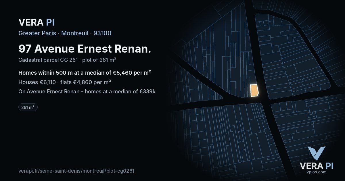 97 Avenue Ernest Renan, Montreuil at night – the plot lit, the parcels around coloured by the prices near them