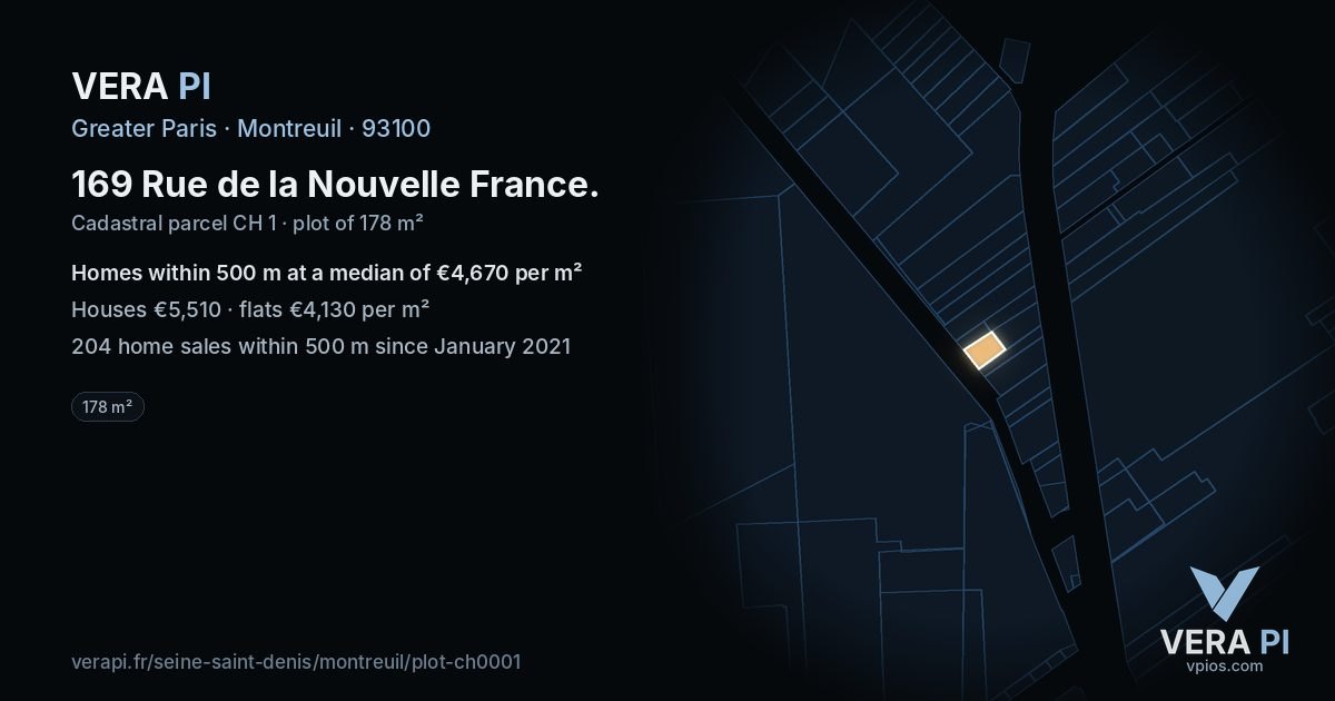 169 Rue de la Nouvelle France, Montreuil at night – the plot lit, the parcels around coloured by the prices near them