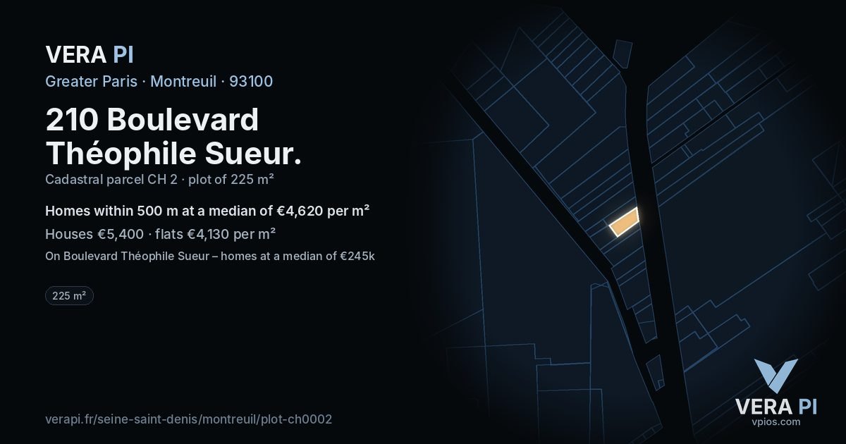 210 Boulevard Théophile Sueur, Montreuil at night – the plot lit, the parcels around coloured by the prices near them