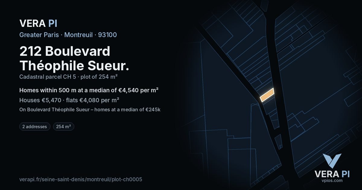 212 Boulevard Théophile Sueur, Montreuil at night – the plot lit, the parcels around coloured by the prices near them
