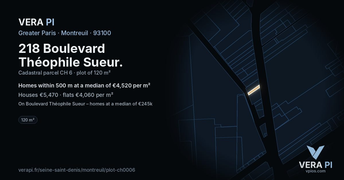 218 Boulevard Théophile Sueur, Montreuil at night – the plot lit, the parcels around coloured by the prices near them