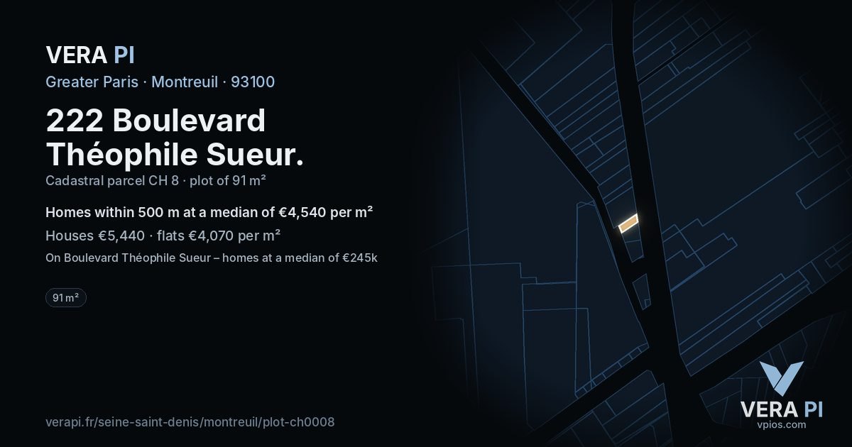 222 Boulevard Théophile Sueur, Montreuil at night – the plot lit, the parcels around coloured by the prices near them