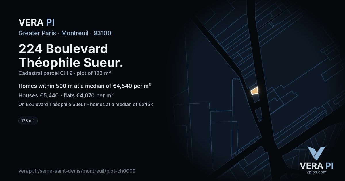 224 Boulevard Théophile Sueur, Montreuil at night – the plot lit, the parcels around coloured by the prices near them