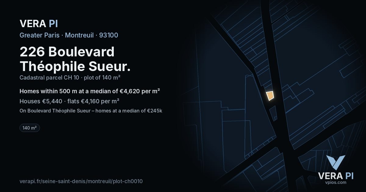 226 Boulevard Théophile Sueur, Montreuil at night – the plot lit, the parcels around coloured by the prices near them