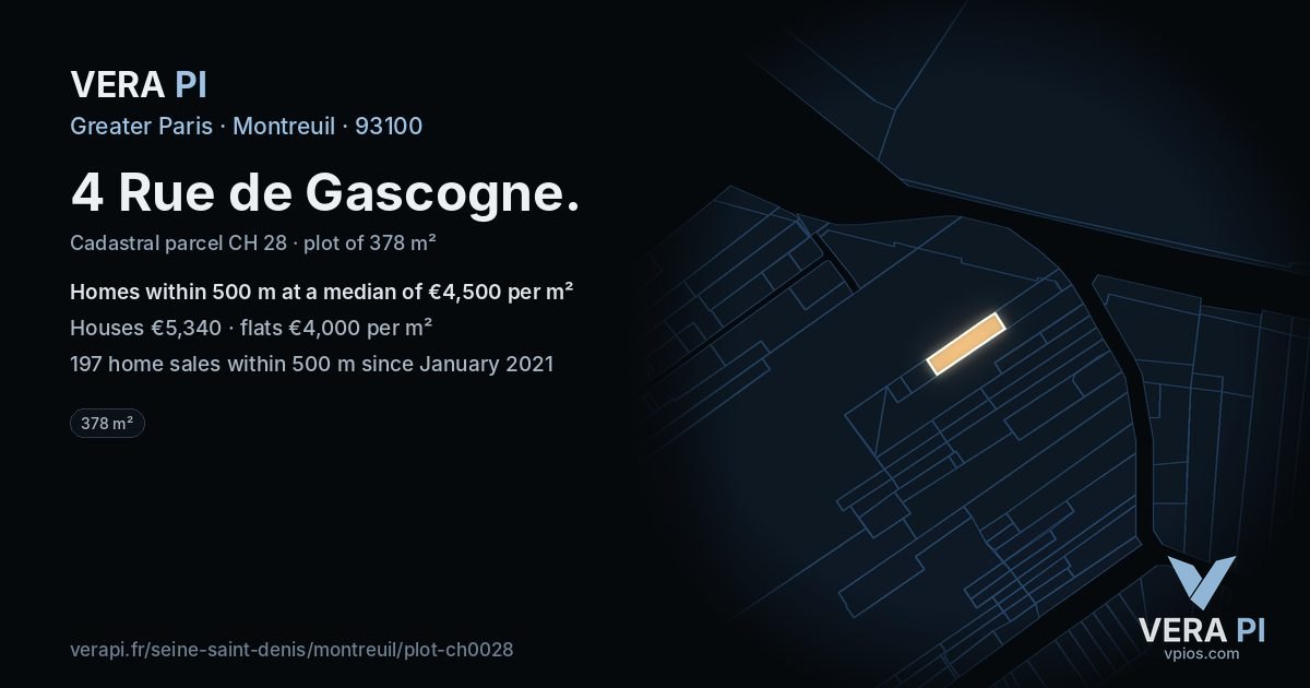 4 Rue de Gascogne, Montreuil at night – the plot lit, the parcels around coloured by the prices near them