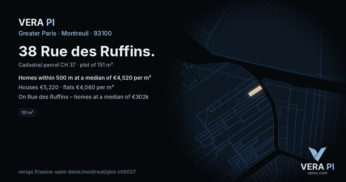 38 Rue des Ruffins, Montreuil at night – the plot lit, the parcels around coloured by the prices near them