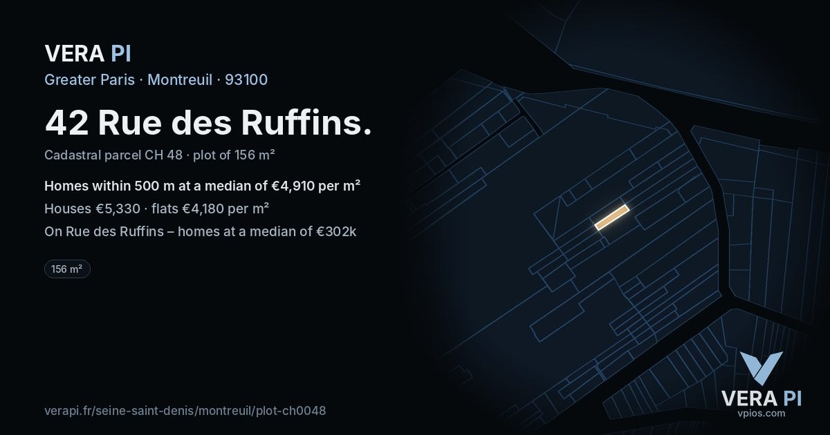 42 Rue des Ruffins, Montreuil at night – the plot lit, the parcels around coloured by the prices near them