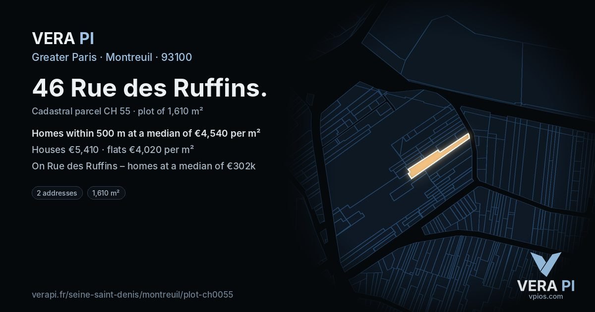 46 Rue des Ruffins, Montreuil at night – the plot lit, the parcels around coloured by the prices near them