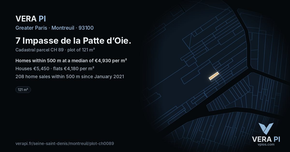7 Impasse de la Patte d’Oie, Montreuil at night – the plot lit, the parcels around coloured by the prices near them