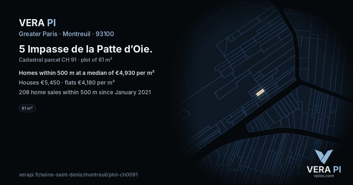 5 Impasse de la Patte d’Oie, Montreuil at night – the plot lit, the parcels around coloured by the prices near them