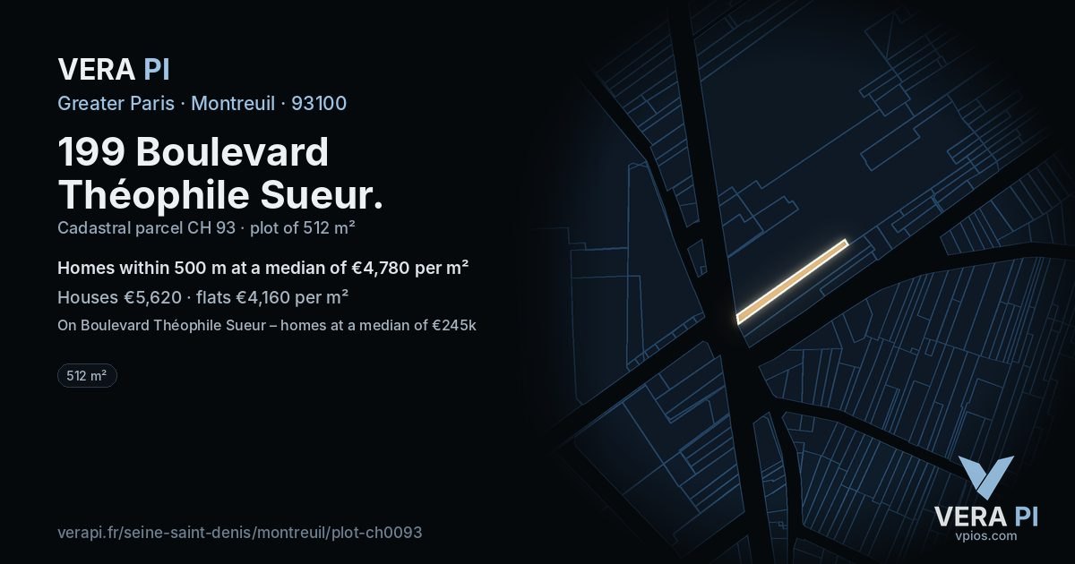 199 Boulevard Théophile Sueur, Montreuil at night – the plot lit, the parcels around coloured by the prices near them