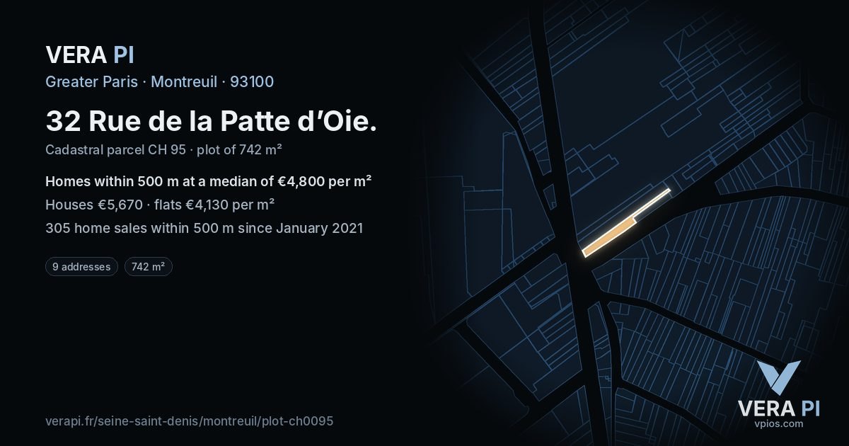 32 Rue de la Patte d’Oie, Montreuil at night – the plot lit, the parcels around coloured by the prices near them