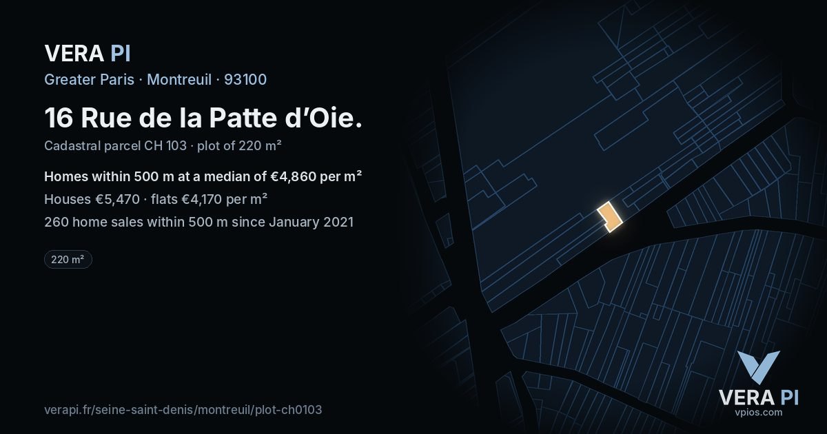 16 Rue de la Patte d’Oie, Montreuil at night – the plot lit, the parcels around coloured by the prices near them