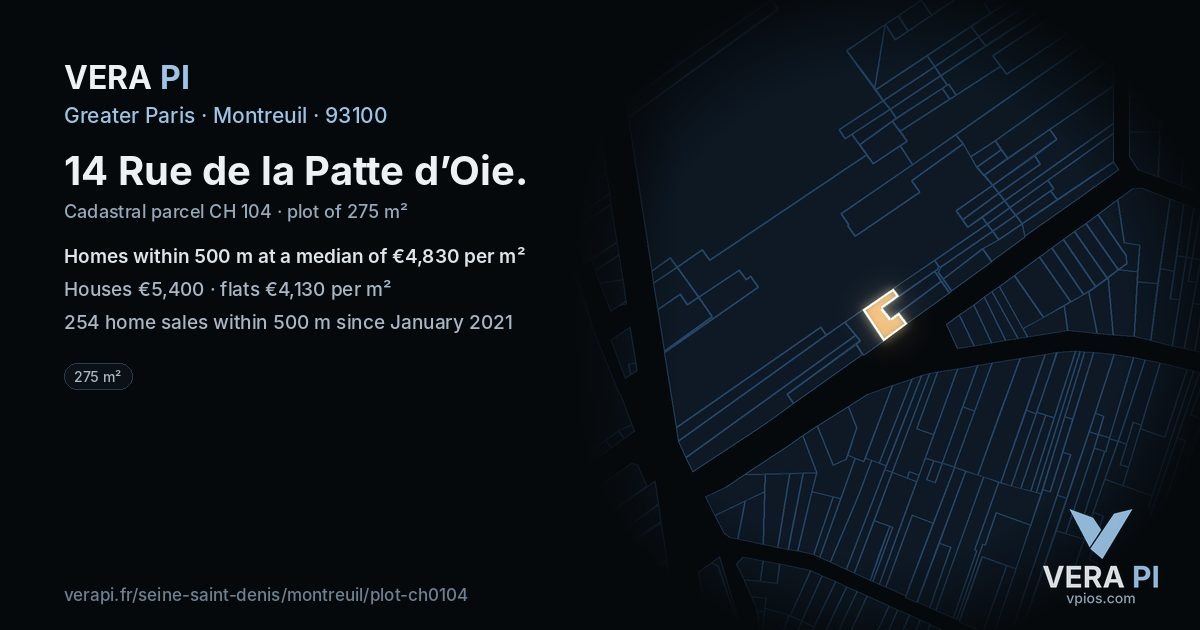 14 Rue de la Patte d’Oie, Montreuil at night – the plot lit, the parcels around coloured by the prices near them