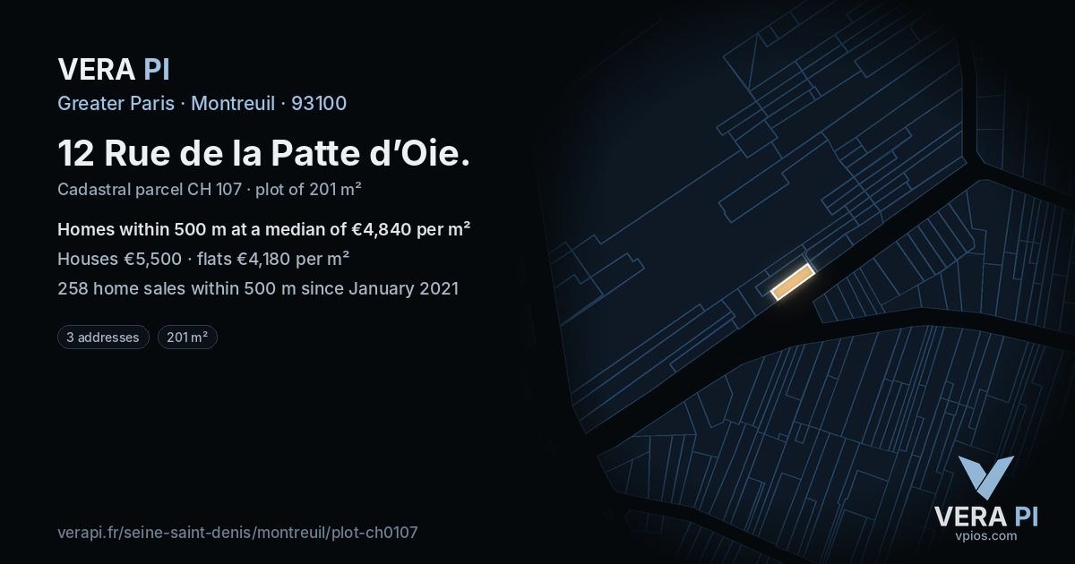 12 Rue de la Patte d’Oie, Montreuil at night – the plot lit, the parcels around coloured by the prices near them