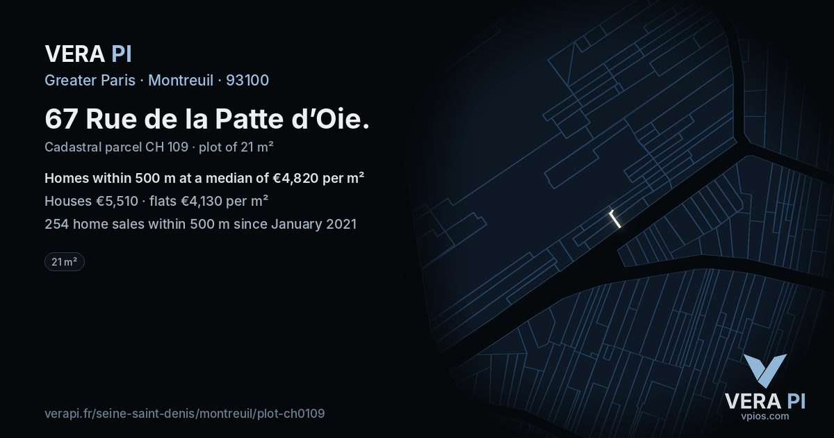 67 Rue de la Patte d’Oie, Montreuil at night – the plot lit, the parcels around coloured by the prices near them