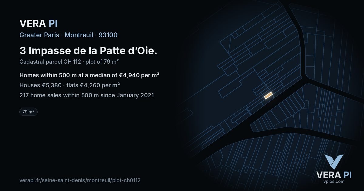3 Impasse de la Patte d’Oie, Montreuil at night – the plot lit, the parcels around coloured by the prices near them