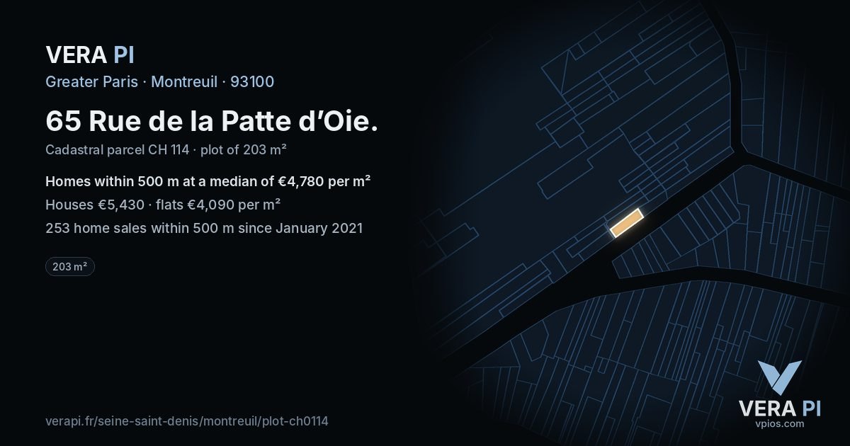 65 Rue de la Patte d’Oie, Montreuil at night – the plot lit, the parcels around coloured by the prices near them
