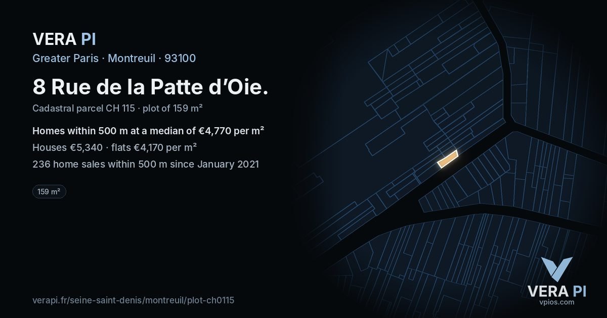 8 Rue de la Patte d’Oie, Montreuil at night – the plot lit, the parcels around coloured by the prices near them