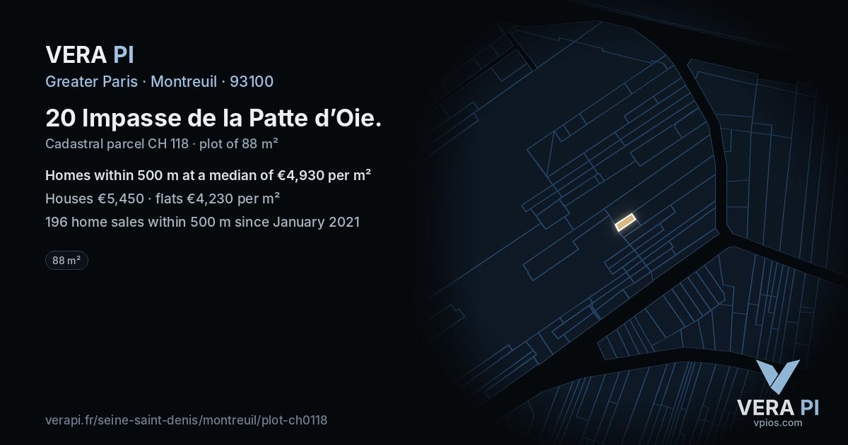 20 Impasse de la Patte d’Oie, Montreuil at night – the plot lit, the parcels around coloured by the prices near them