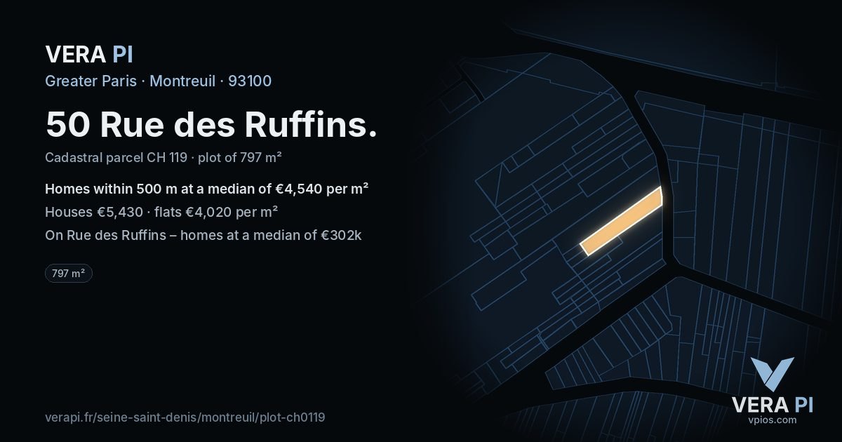 50 Rue des Ruffins, Montreuil at night – the plot lit, the parcels around coloured by the prices near them