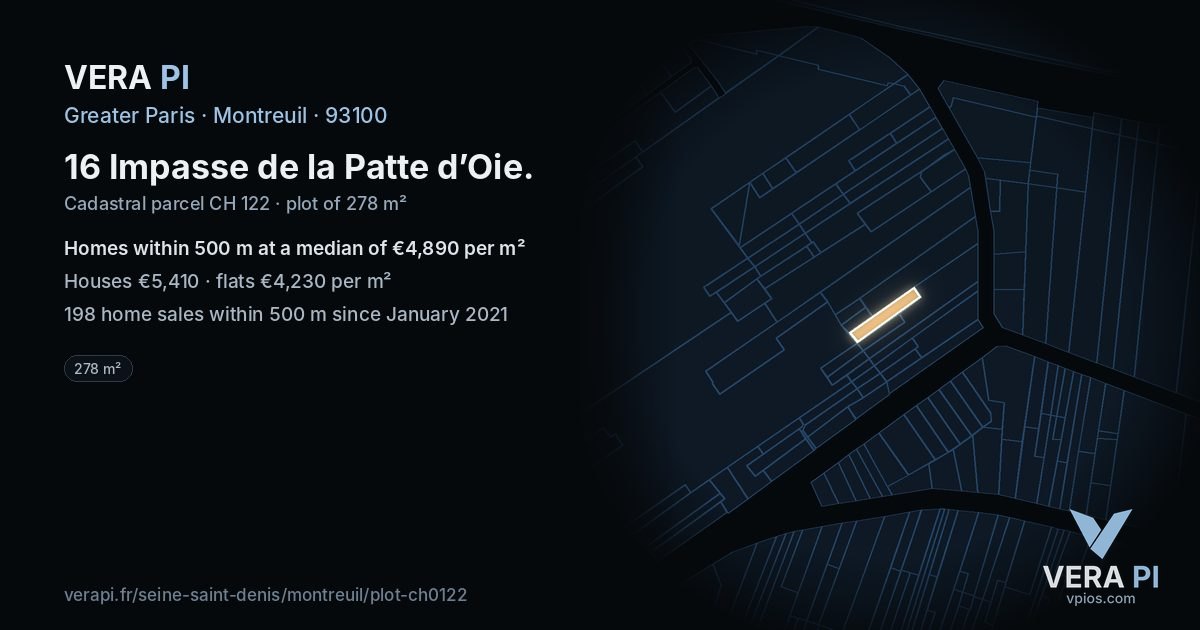 16 Impasse de la Patte d’Oie, Montreuil at night – the plot lit, the parcels around coloured by the prices near them
