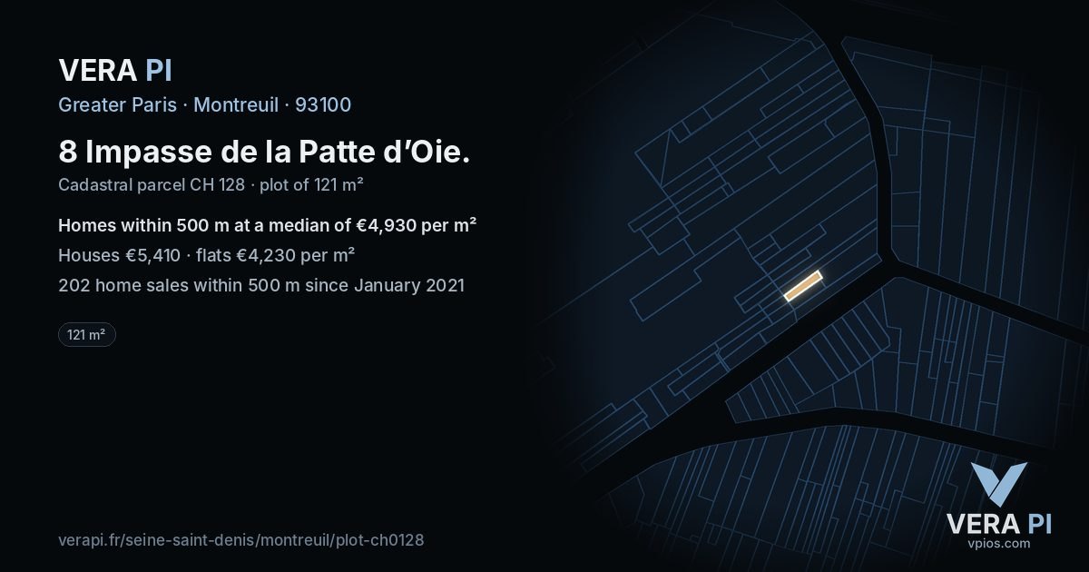 8 Impasse de la Patte d’Oie, Montreuil at night – the plot lit, the parcels around coloured by the prices near them