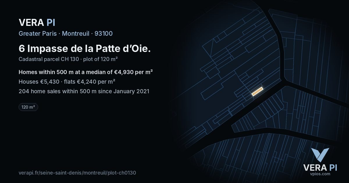 6 Impasse de la Patte d’Oie, Montreuil at night – the plot lit, the parcels around coloured by the prices near them