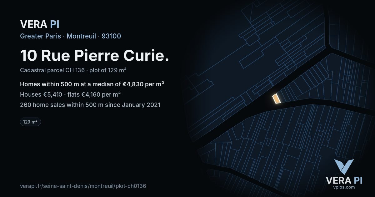 10 Rue Pierre Curie, Montreuil at night – the plot lit, the parcels around coloured by the prices near them
