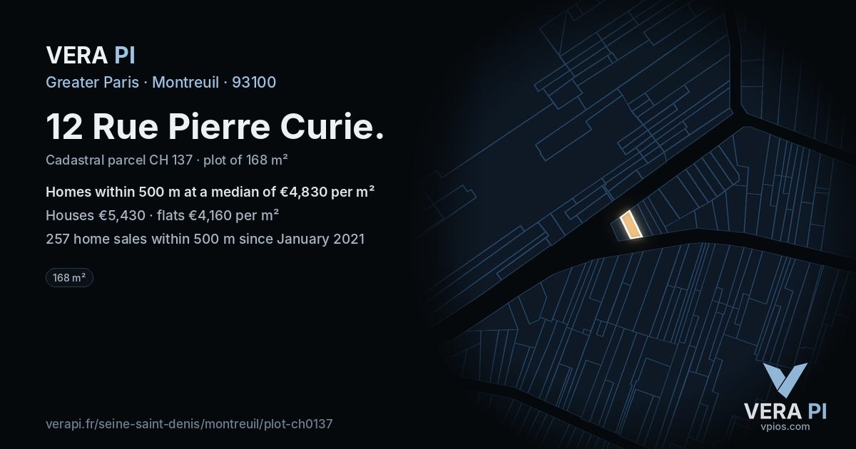 12 Rue Pierre Curie, Montreuil at night – the plot lit, the parcels around coloured by the prices near them