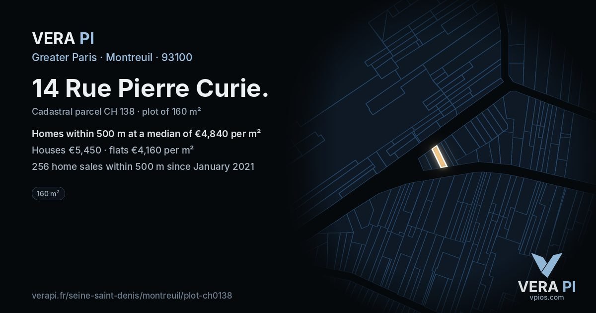 14 Rue Pierre Curie, Montreuil at night – the plot lit, the parcels around coloured by the prices near them