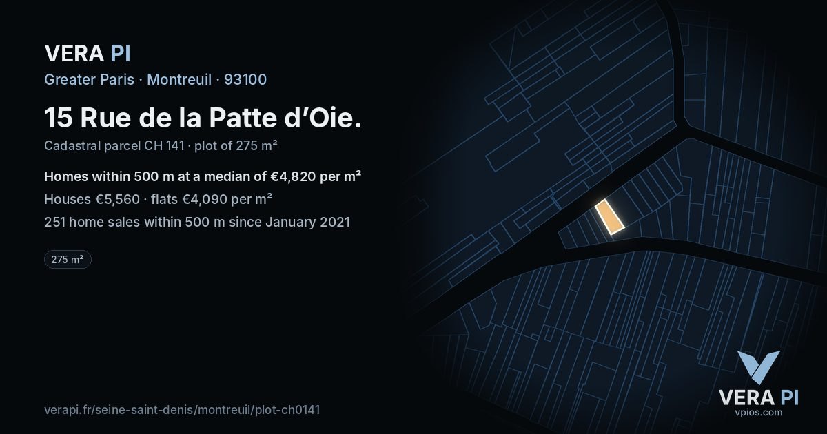 15 Rue de la Patte d’Oie, Montreuil at night – the plot lit, the parcels around coloured by the prices near them
